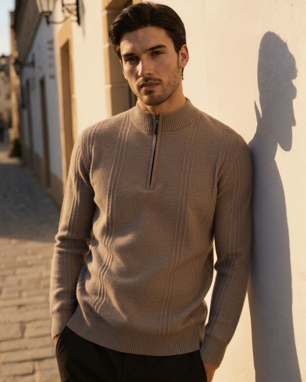 Pull côtelé 100 % cachemire à demi-zip – vue 1
