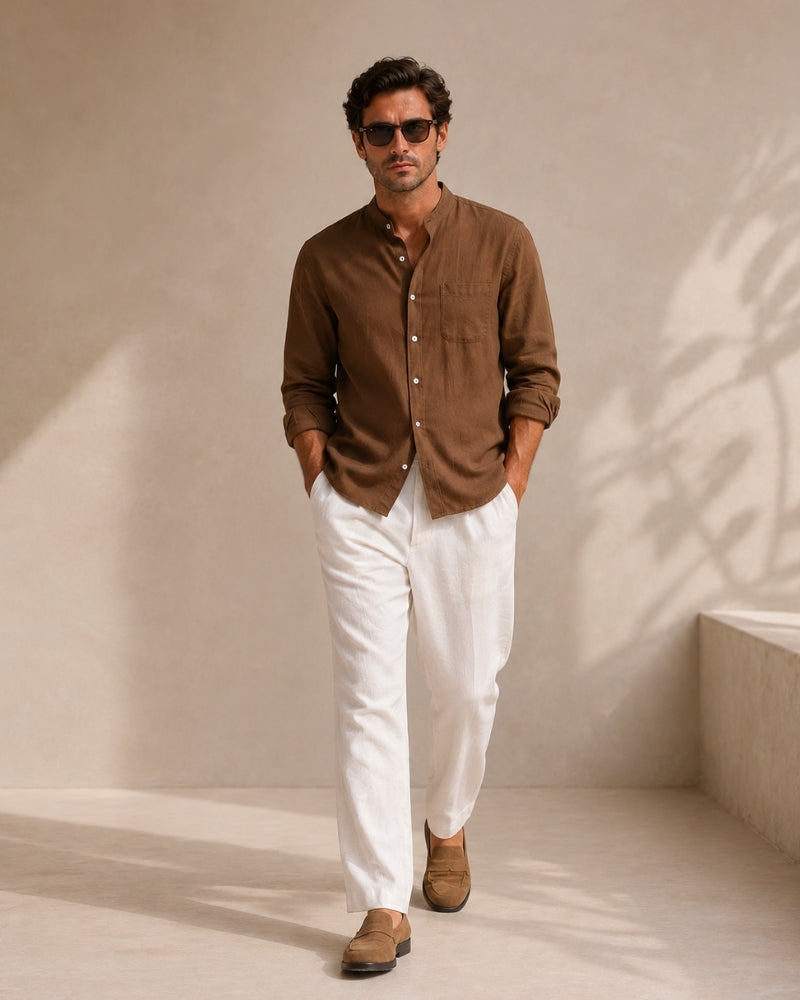 Chemise homme à col mandarin en coton texturé, coupe décontractée – vue 3