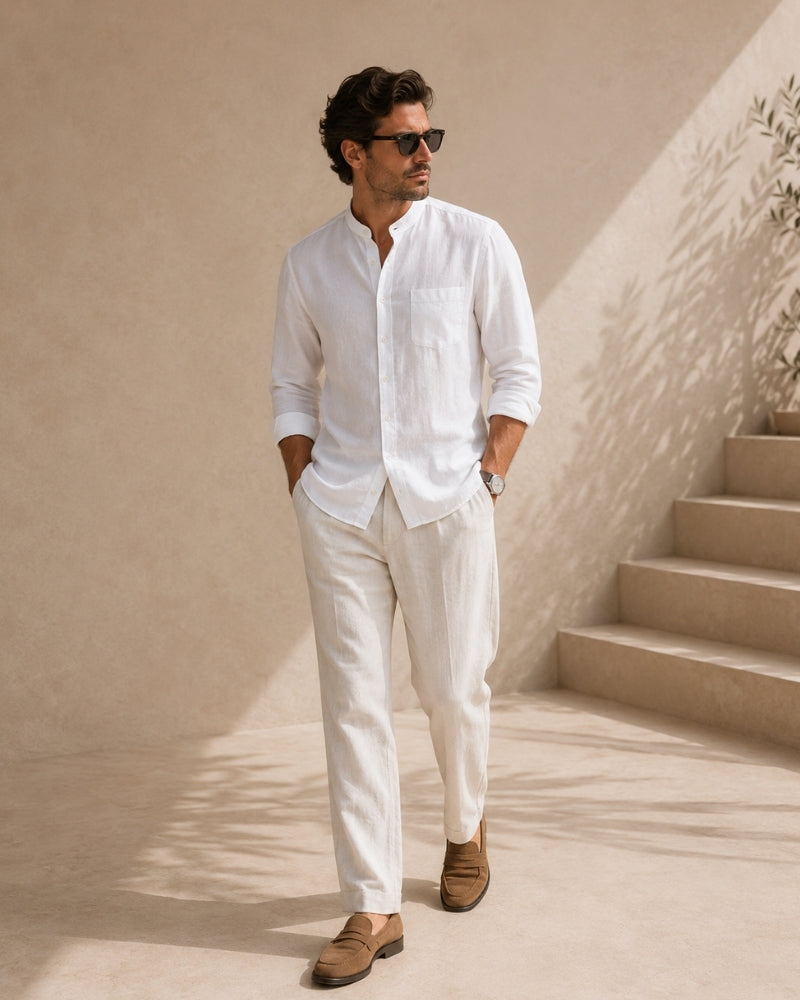 Chemise homme à col mandarin en coton texturé, coupe décontractée – vue 13