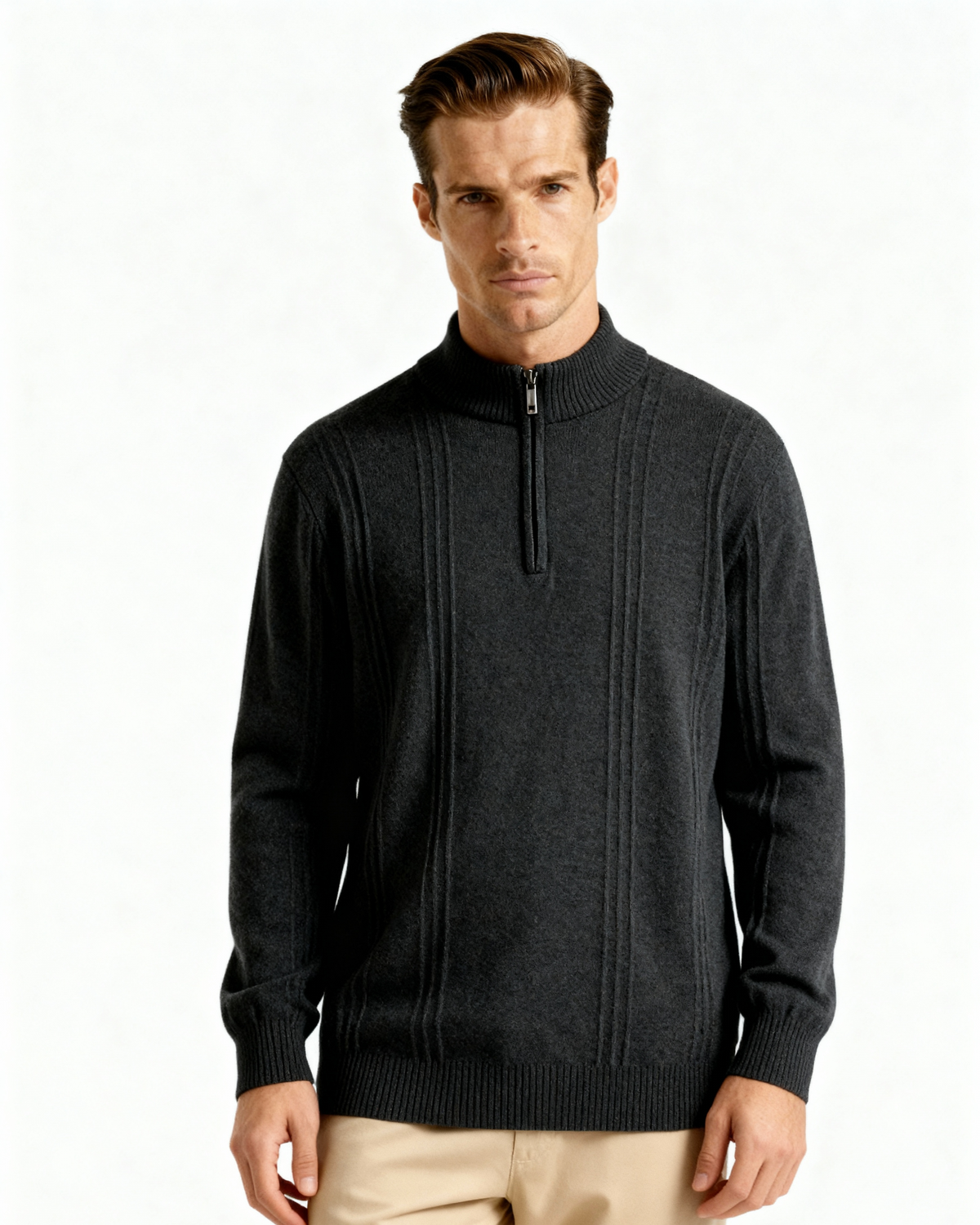Pull côtelé 100 % cachemire à demi-zip – vue 7